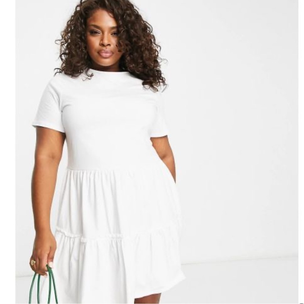 River Island tiered smock mini T-shirt dress in white